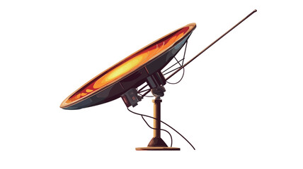 The image showcases a stylized illustration of a satellite dish. The dish itself is parabolic in shape with a metallic texture, exhibiting a vibrant, fiery orange and red glow emanating from within