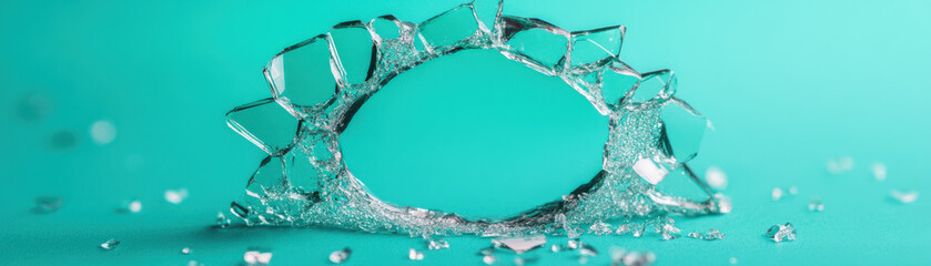 Shattered glass with detailed cracks and transparent fragments on turquoise background, creating delicate broken pattern