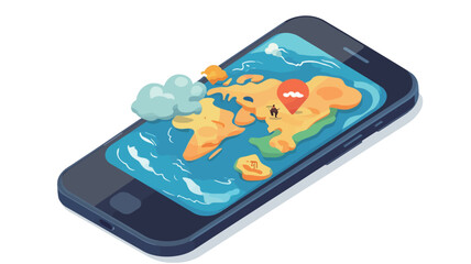 Isometric illustration depicting a smartphone displaying a stylized, three-dimensional world map. The map features landmasses rendered in varying shades of brown and green, oceans in shades of