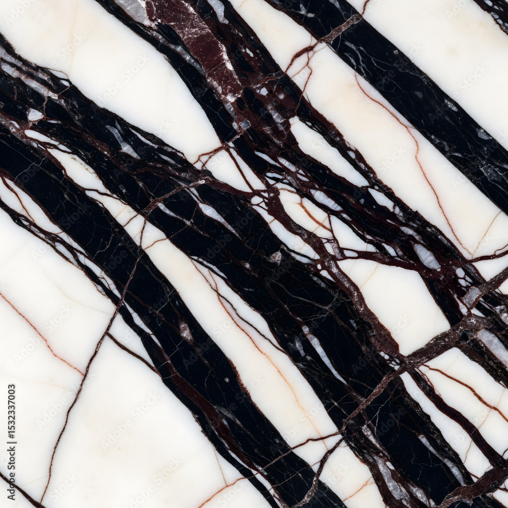 Poster dramatic white stone with bold black and deep red diagonal veins, creating a striking abstract patte