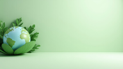 3D Environment Globe Partially Wrapped in Green Leaf on White Background