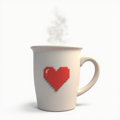 3D Coffee Mug with Pixel Heart and Code Symbol Floating with Steam