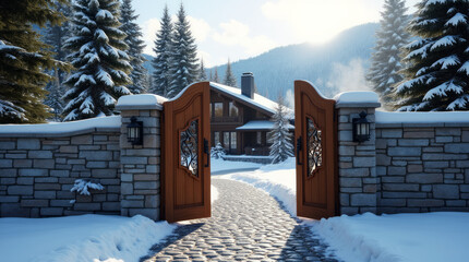 Alpine Swiss Chalet Luxury Gate – Handcrafted Wooden Mountain Entrance