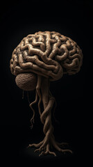 Brain Made of Intertwined Roots and Soil in Absolute Darkness with Space for Text