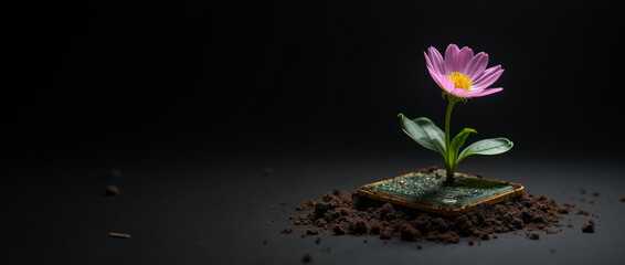 Broken Neural Chip Buried in Soil with Flower Growing in Absolute Darkness with Space for Text