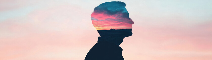 Silhouette of person with double exposure effect showing colorful sunset sky, creating peaceful and creative mood