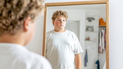 Obraz premium An overweight teen boy in casual clothes gazes into a mirror showing a fit, confident version of himself in activewear, in a minimalist bedroom lit, symbolizing perception and self-image