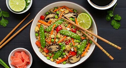 Top-down photo of Chinese vegetable fried rice, crisp textures, vibrant veggies, sesame garnish, elegant presentation.