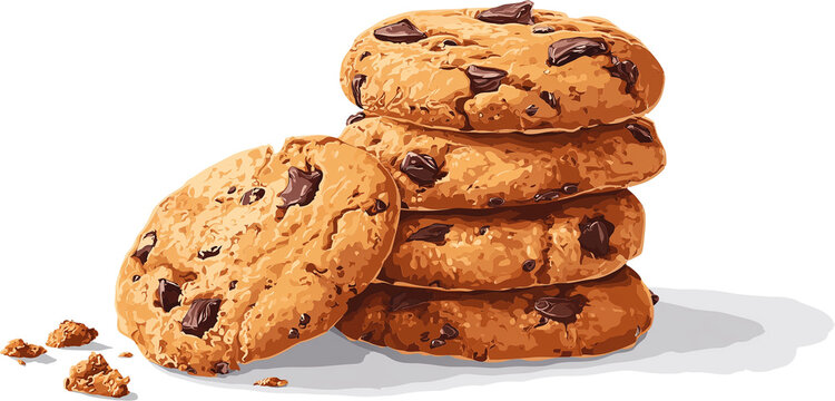 chocolate chip cookie drawing illustration isolated on transparent and white background.