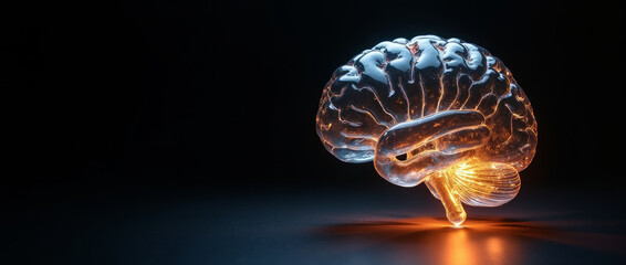 Cracked Glass Brain Glowing from Within in Darkness with Space for Text