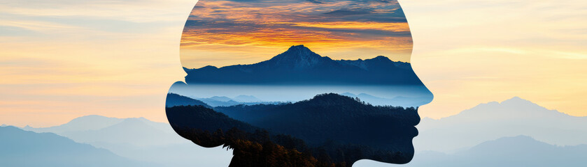 Silhouette of person with double exposure effect showing mountain landscape and colorful sunset sky, peaceful and inspiring