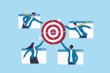 Meeting objective, agenda or company goal, target achievement planning strategy, teamwork colleagues working together on same target, business people coworker connecting target objective jigsaw.