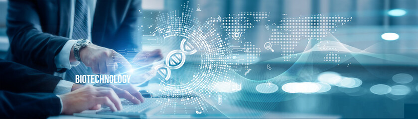 Business colleagues analyze biotechnology to innovate healthcare, agriculture, and industry by...