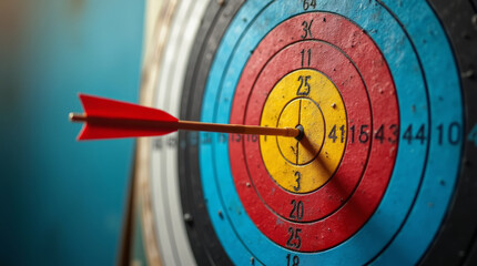 Goal Arrow Hitting Bullseye — 3D Target Left-Aligned with Radial Fade Background