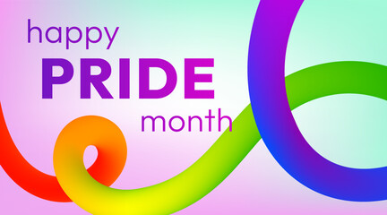 Happy Pride Month. Vibrant abstract banner with smooth ribbon in rainbow colors and bold text on soft pastel holographic background to show support for the LGBTQ community during Pride Month.