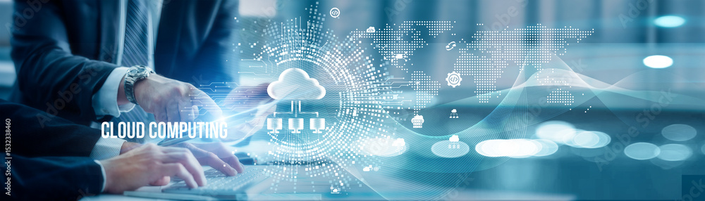 Aufkleber business colleagues and analysis show cloud computing enables scalable, flexible, and cost-effective