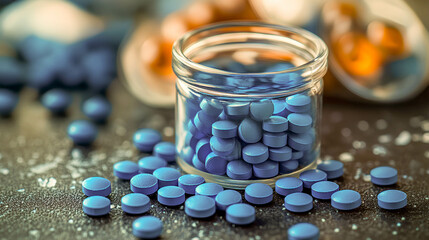 Bright blue tablets scattered around a clear glass jar placed on a dark surface, showcasing a vivid assortment of pills and capsules in soft lighting