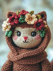 Cute crochet cat doll adorned with a floral crown, featuring soft colors and intricate details, perfect for decoration or playtime