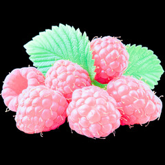 Fresh raspberries with vibrant green leaves arranged against a solid black background, showcasing their juicy texture and appealing color
