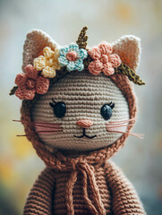 Cute crocheted cat doll with floral headpiece, showcasing craftsmanship and creativity in a cozy indoor setting during soft daylight