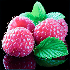 Freshly picked raspberries with vibrant green leaves on a reflective surface showcasing their juicy texture and rich color in a simple yet elegant arrangement for a summer delight