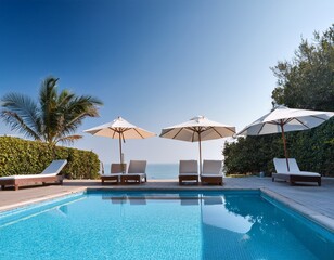 minimalist pool party design with beach umbrella and lounge chair