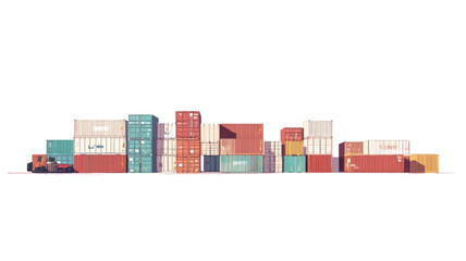 Obraz premium The image presents a digital illustration or rendering of numerous stacked cargo containers against a stark white background. The containers are depicted in a variety of pastel colors 