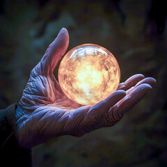 Mysterious glowing orb held in an aged hand showcasing the blend of wisdom and enigma in an intimate setting