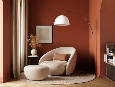 muted terracotta and linen color palette in midimalist reading corner, curved lounge chair, elegant floor lamp
