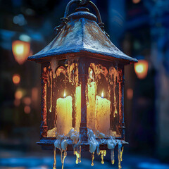 Lantern illuminated by flickering candles in a winter evening setting, showcasing melting wax and a warm glow against a chilly backdrop