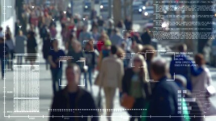 Blurred crowd of people walking on a city street with digital overlay, suggesting surveillance or data analysis. - Powered by Adobe