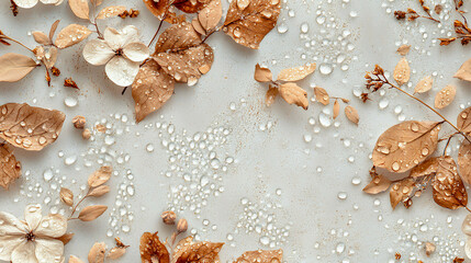 Dried leaves and flowers adorned with water droplets create a visually appealing natural arrangement on a soft, textured background, showcasing the beauty of nature's delicate details