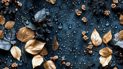 Decorative arrangement of dark leaves and golden foliage with droplets on a vibrant backdrop showcasing contrasting colors and textures