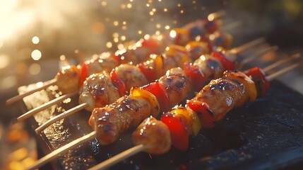Sizzling BBQ Kebabs: Close-up of Grilled Meat and Vegetables