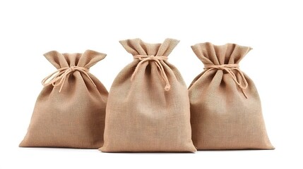 Obraz premium Three Beige Burlap Bags Tied with Twine on White Background