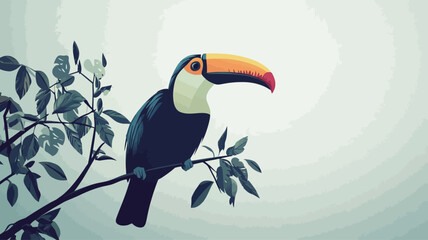A stylized vector illustration depicting a keel-billed toucan perched on a branch. The toucan is rendered in a muted, slightly desaturated color palette with a focus on dark blues and oranges. The