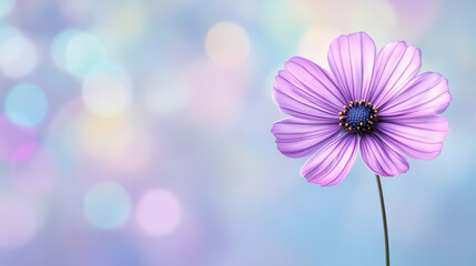 Softly glowing purple flower with delicate petals stands against dreamy pastel bokeh background, evoking calm and beauty