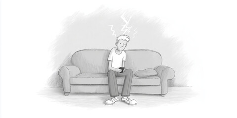Young man sitting on a couch, looking at his smartphone, surrounded by a minimalist living room, expressing feelings of boredom and frustration in a monochrome illustration