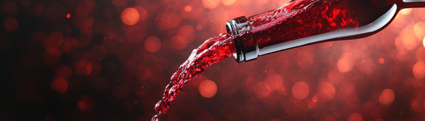 Sparkling red wine splashes captured in midair pouring from bottle with vibrant bokeh background creating lively mood
