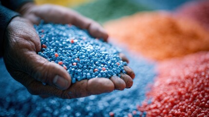 Close-up of hands holding blue plastic pellets with various colors of granules in the background, highlighting the materials used in recycling and manufacturing processes