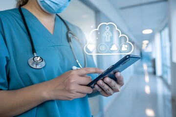 doctor using smartphone with cloud health icons, digital cloud computing medical , telemedicine remote diagnosis, and AI healthcare technology solutions innovation data management.