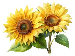 Fototapeta premium Two radiant sunflowers with vibrant petals and lush green leaves, a watercolor painting