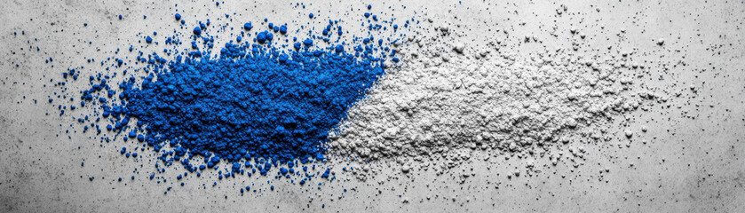 Blue and white powder pigment on gray surface with scattered particles creating vibrant and textured contrast