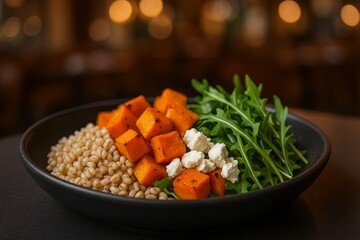 Healthy grain bowl with roasted butternut squash, goat cheese, and arugula on a dark wooden table