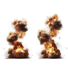 Two fiery explosions billowing brown & orange smoke plumes against a black background, showing intense heat and expansion