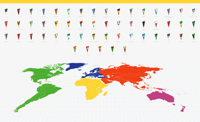 Pennant Flags of African Countries on a Colorful World Map. A vibrant collection of triangular pennant flags