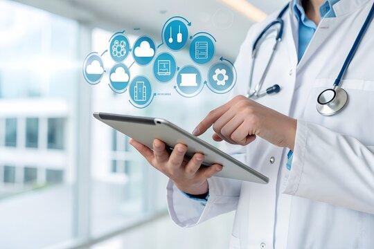 doctor using smartphone with cloud health icons, digital cloud computing medical , telemedicine remote diagnosis, and AI healthcare technology solutions innovation data management.