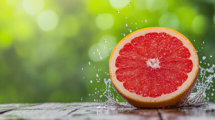 Fresh grapefruit half with water splash on wooden surface and green bokeh background, vibrant and refreshing citrus fruit