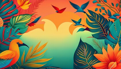 Fototapeta premium colorful summer backgrounds with tropical leaves and birds bright modern illustration with color gradient