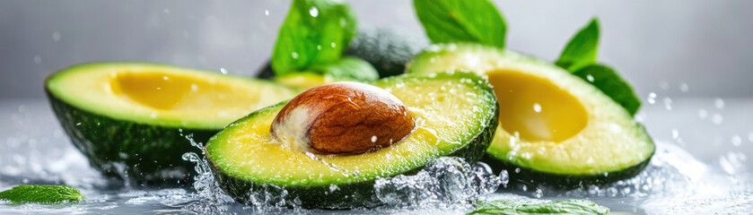 Fresh avocado slices with splash water effect and green leaves, vibrant and refreshing healthy fruit close up